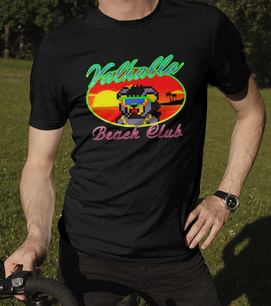 Valhalla Beach Club 80s Retro Pixel Sunset And Palm Trees T-Shirt