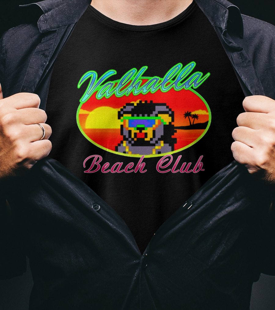 Valhalla Beach Club 80s Retro Pixel Sunset And Palm Trees T-Shirt