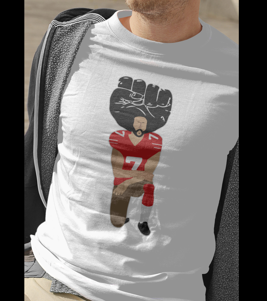 Colin Kaepernick Kneeling With Raised Fist And Red Football Jersey Number 7 T-Shirt