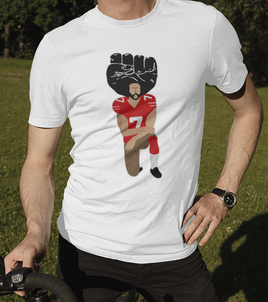 Colin Kaepernick Kneeling With Raised Fist And Red Football Jersey Number 7 T-Shirt
