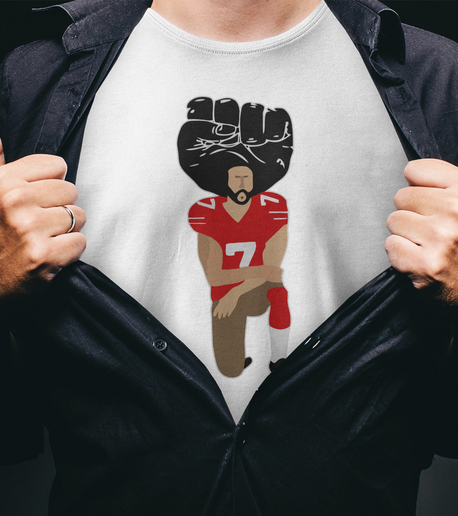 Colin Kaepernick Kneeling With Raised Fist And Red Football Jersey Number 7 T-Shirt