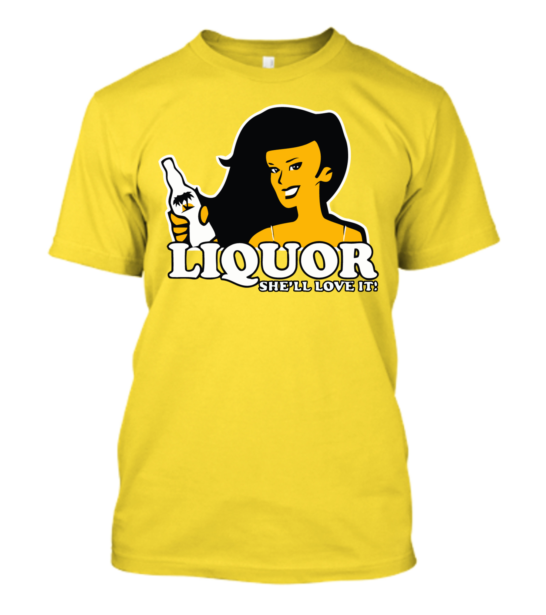 Liquor She'll Love It Retro Pin-Up Style Woman Holding Bottle T-Shirt