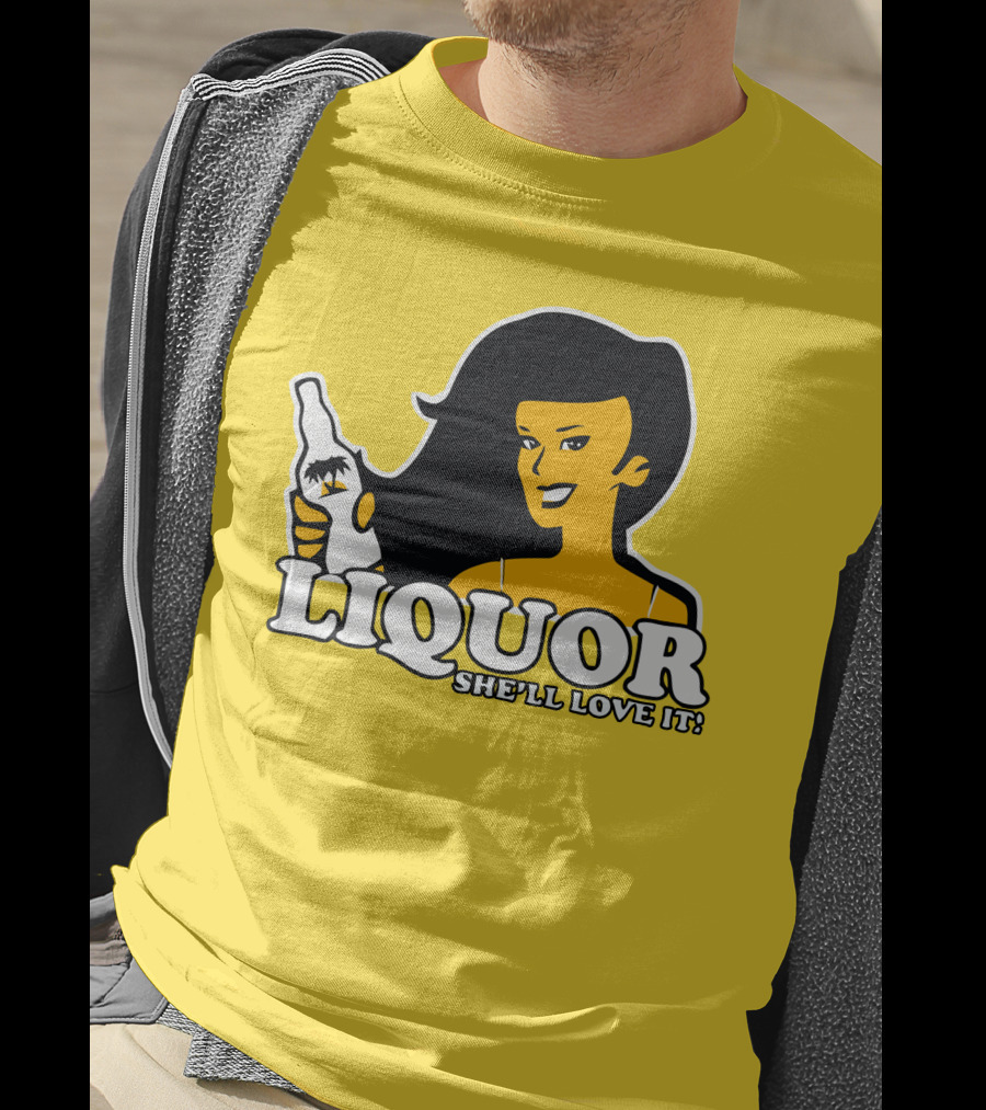 Liquor She'll Love It Retro Pin-Up Style Woman Holding Bottle T-Shirt
