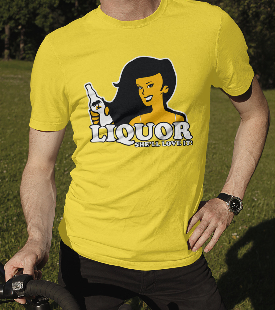 Liquor She'll Love It Retro Pin-Up Style Woman Holding Bottle T-Shirt