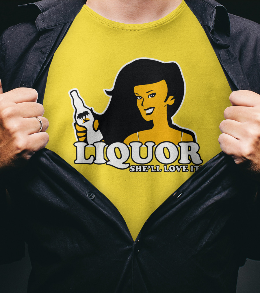 Liquor She'll Love It Retro Pin-Up Style Woman Holding Bottle T-Shirt