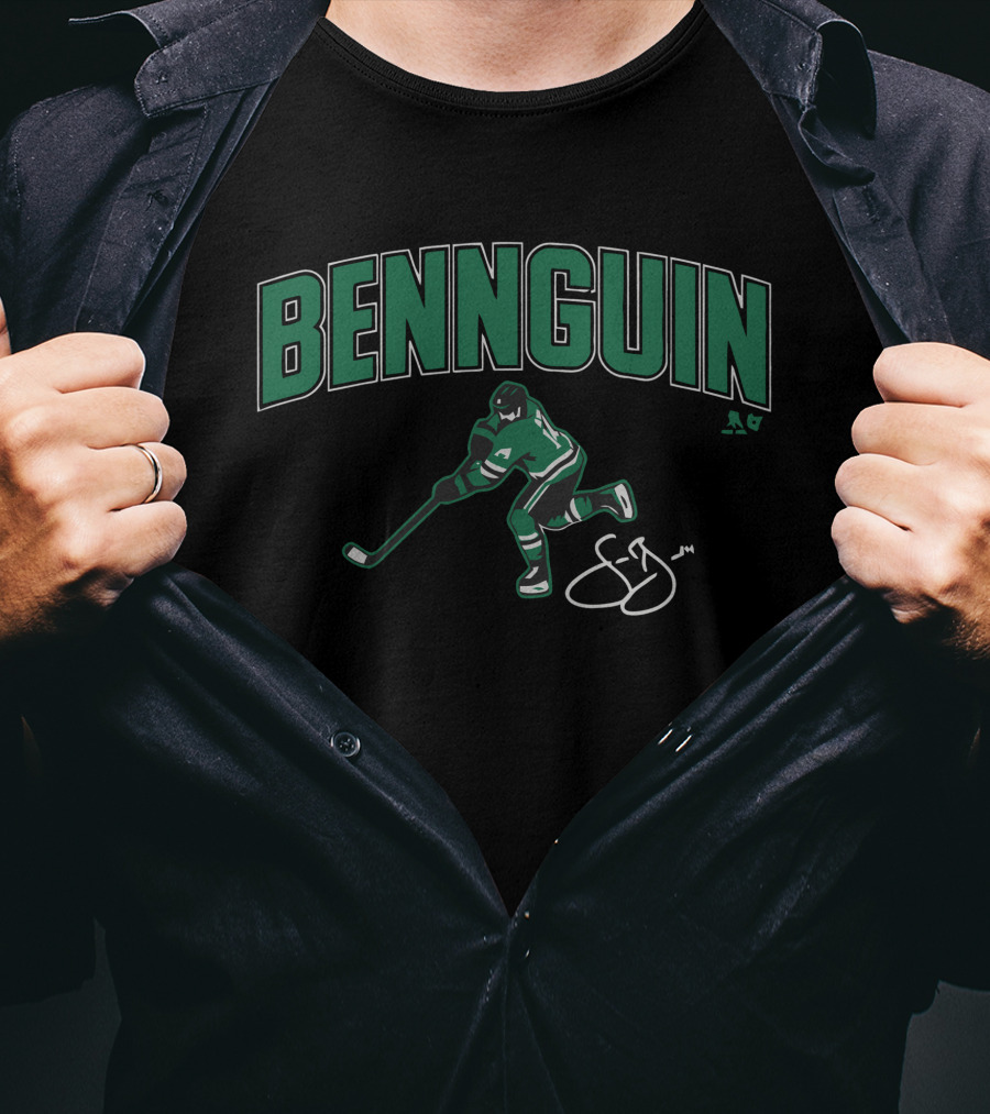 Bennguin Hockey Player Silhouette In Green And White With Signature T-Shirt