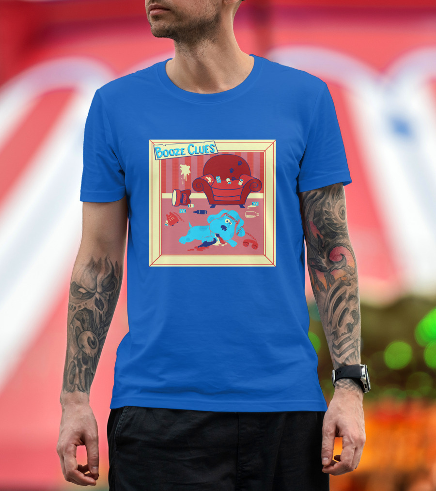 Booze Clues Blue Dog Party Mess with Cans and Couch T-Shirt