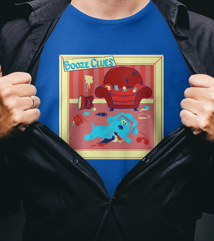 Booze Clues Blue Dog Party Mess With Cans And Couch T-Shirt