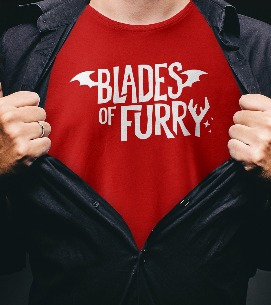 Blades Of Furry Text With Bat Wings And Stars T-Shirt