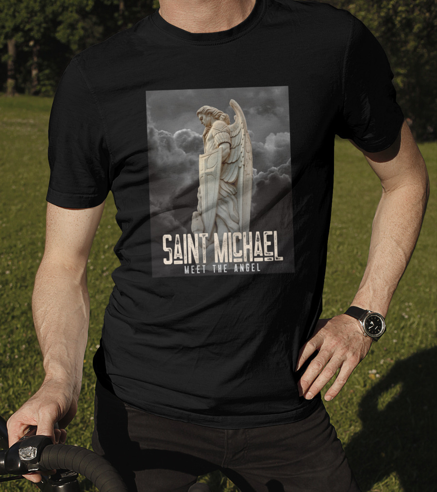 Saint Michael Meet The Angel Statue In Stormy Sky T-Shirt