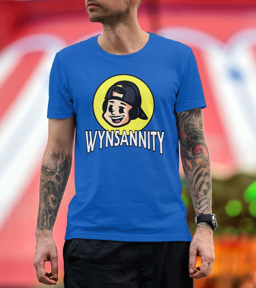 Wynnsanity Cartoon Character with Headphones and Backwards Cap Icon in Yellow Circle T-Shirt