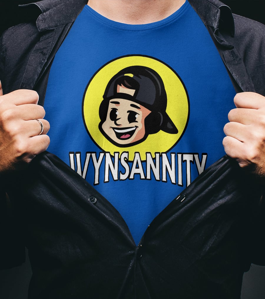 Wynnsanity Cartoon Character With Headphones And Backwards Cap Icon In Yellow Circle T-Shirt