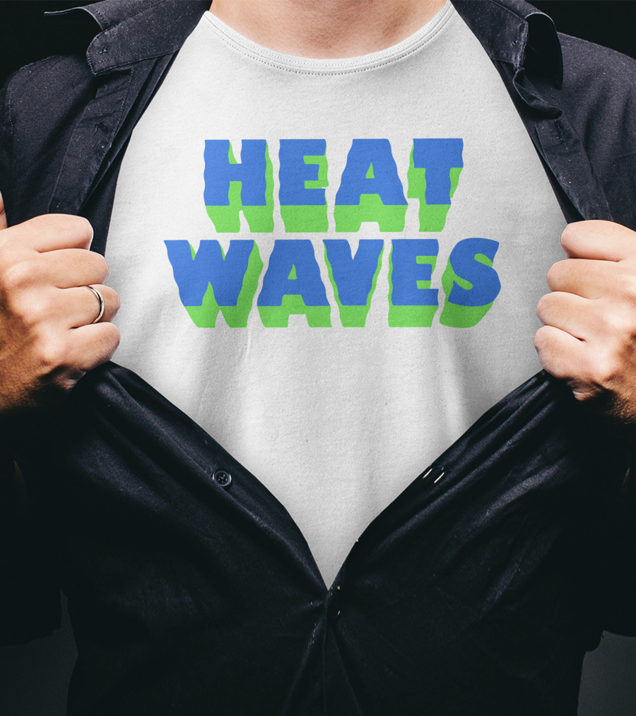 HEAT WAVES Bold 3D Text Design In Blue And Green T-Shirt