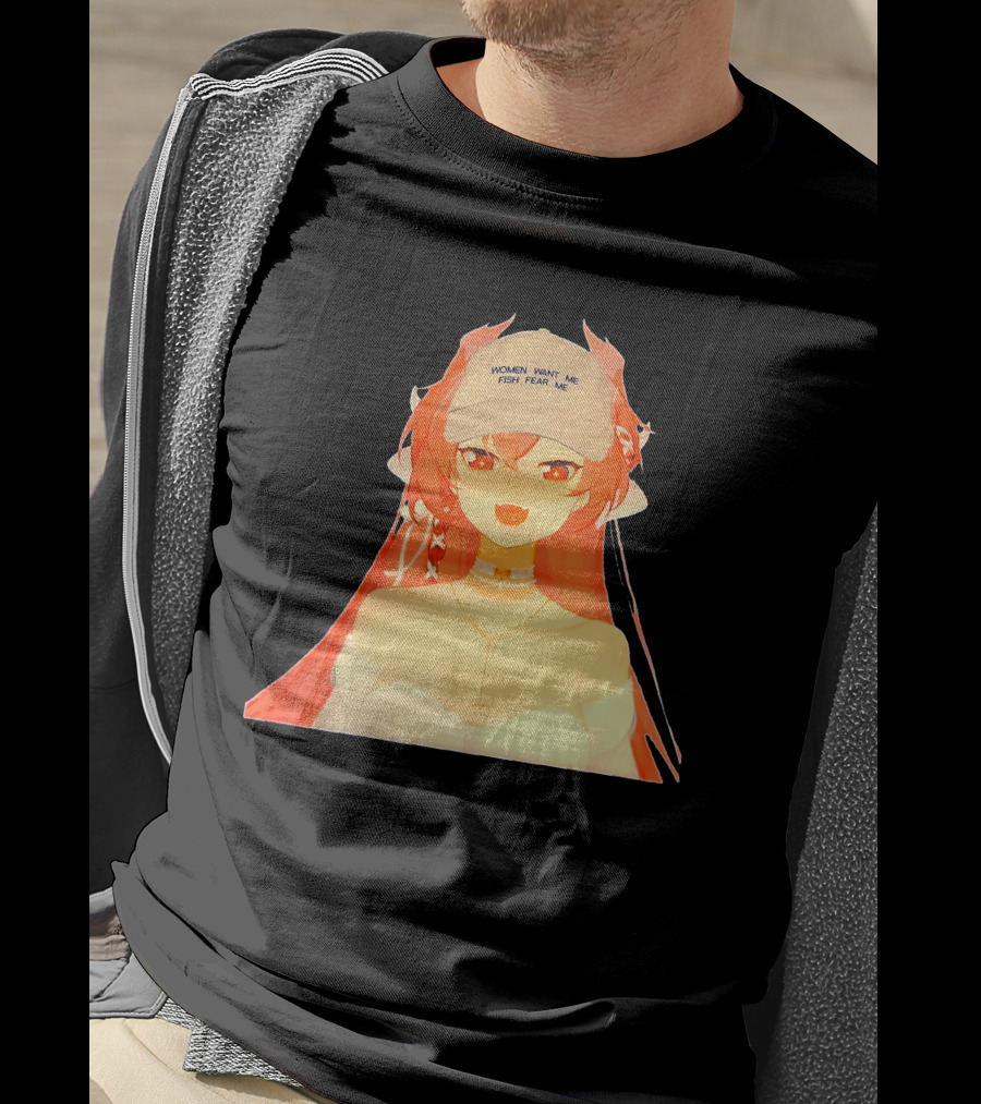 Women Want Me Fish Fear Me Red-Haired Anime Style Character Wearing Hat T-Shirt