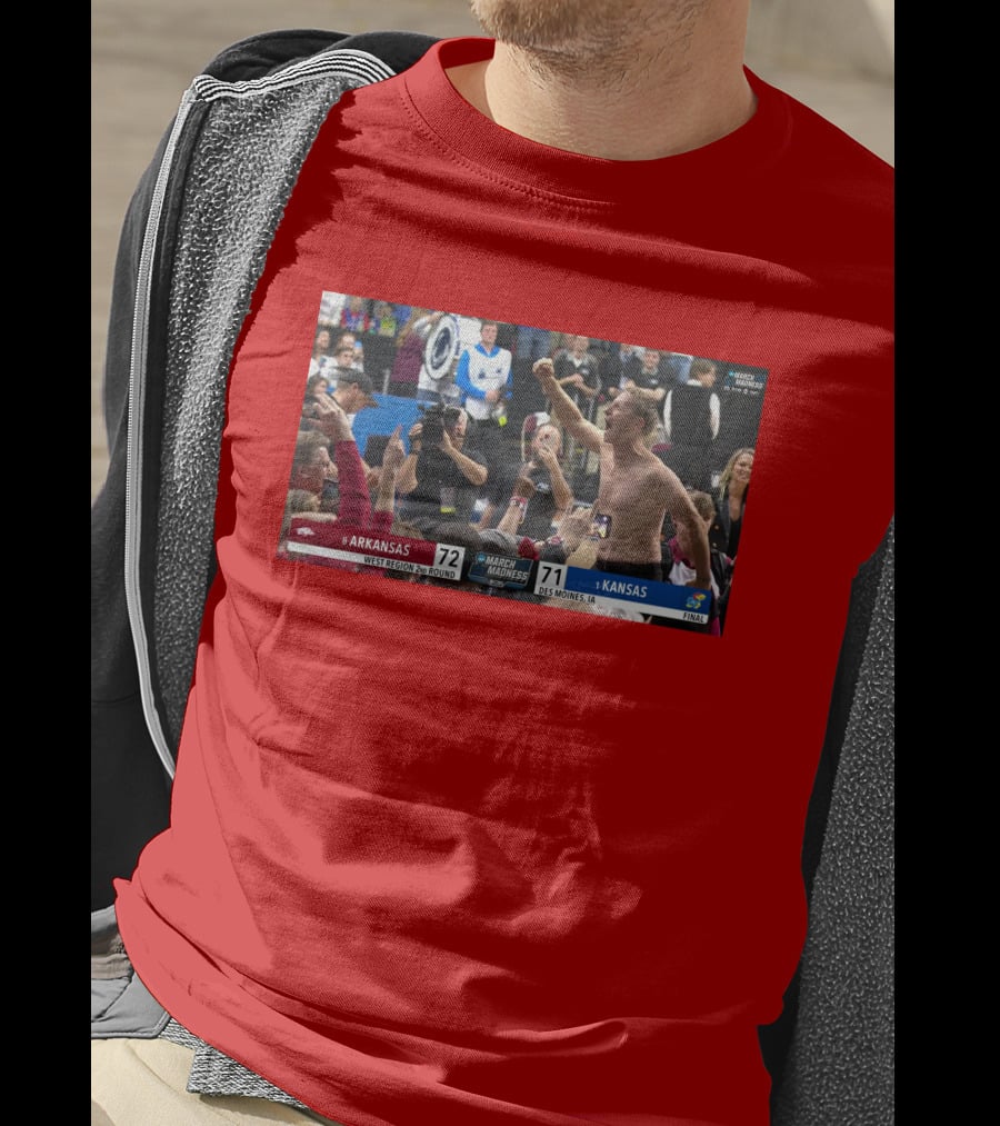 Eric Musselman Celebrates Arkansas 72-71 Victory Over Kansas In March Madness T-Shirt