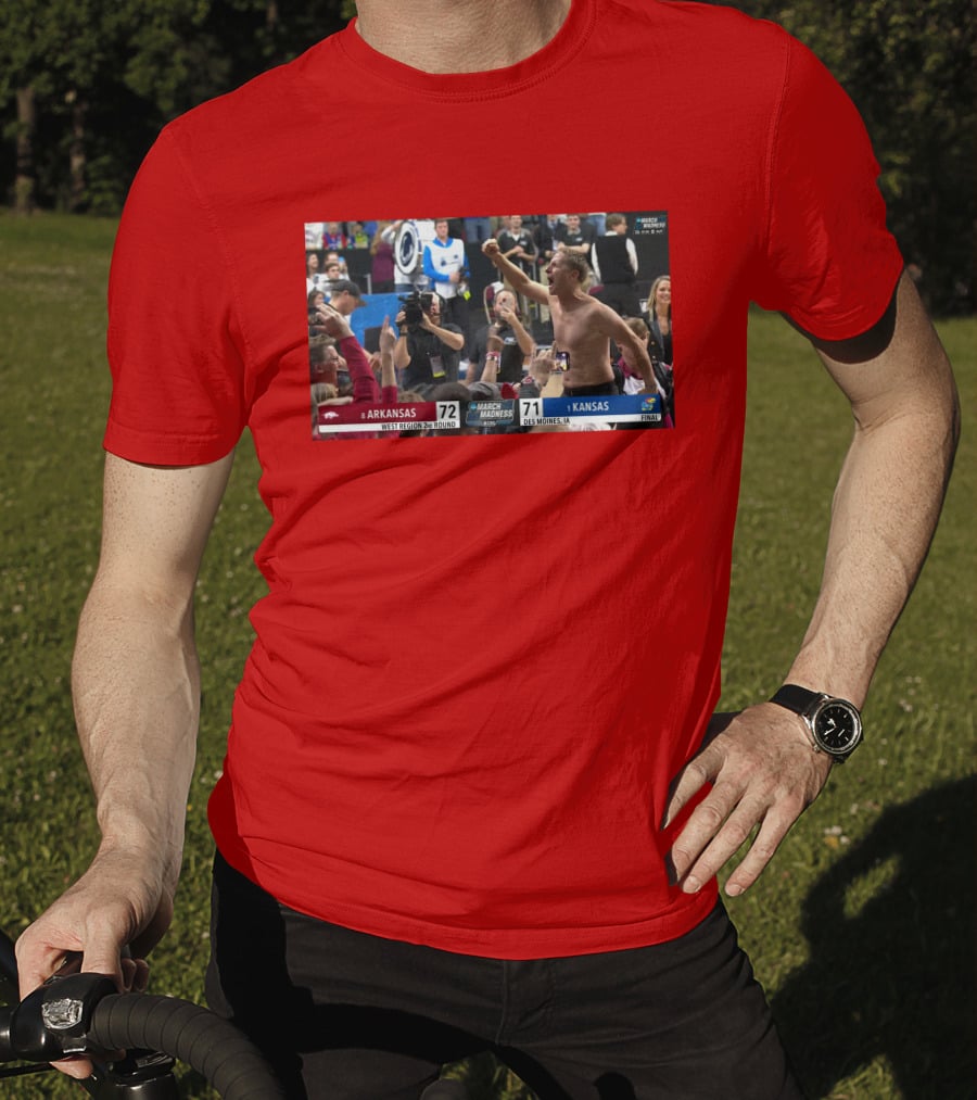 Eric Musselman Celebrates Arkansas 72-71 Victory Over Kansas In March Madness T-Shirt