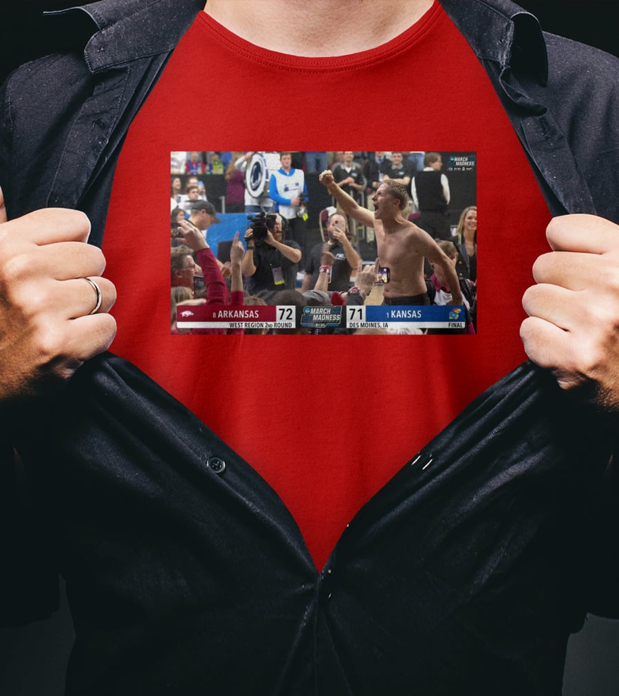 Eric Musselman Celebrates Arkansas 72-71 Victory Over Kansas In March Madness T-Shirt