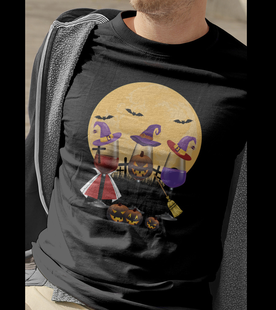 Halloween Wine Lovers Witches With Jack-o'-Lanterns And Full Moon T-Shirt