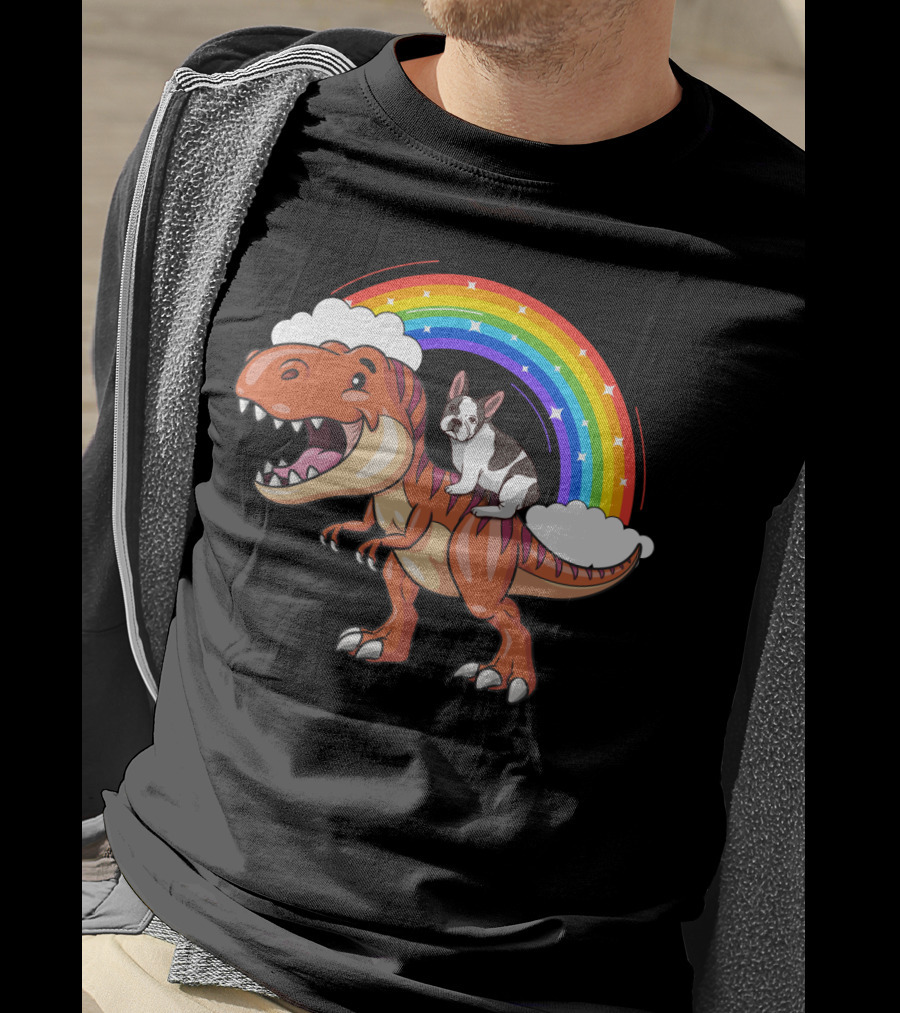 French Bulldog Riding Dinosaur With Rainbow And Clouds T-Shirt