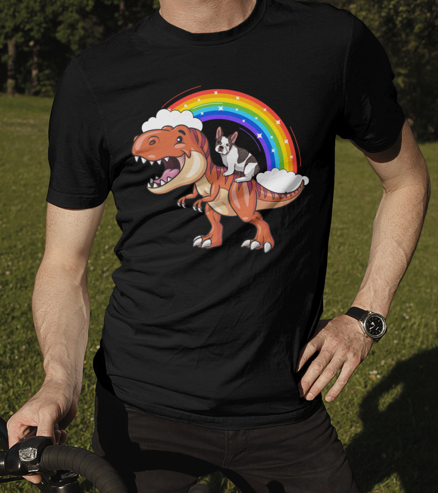 French Bulldog Riding Dinosaur With Rainbow And Clouds T-Shirt