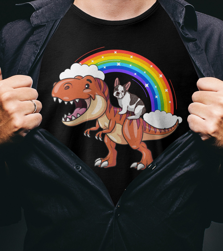 French Bulldog Riding Dinosaur With Rainbow And Clouds T-Shirt