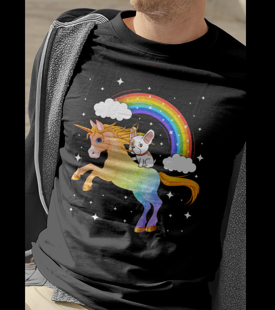 French Bulldog Riding Rainbow Unicorn With Stars And Clouds T-Shirt