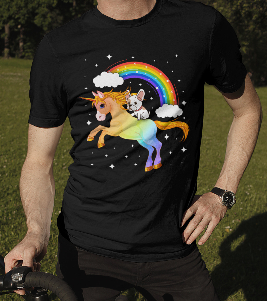 French Bulldog Riding Rainbow Unicorn With Stars And Clouds T-Shirt