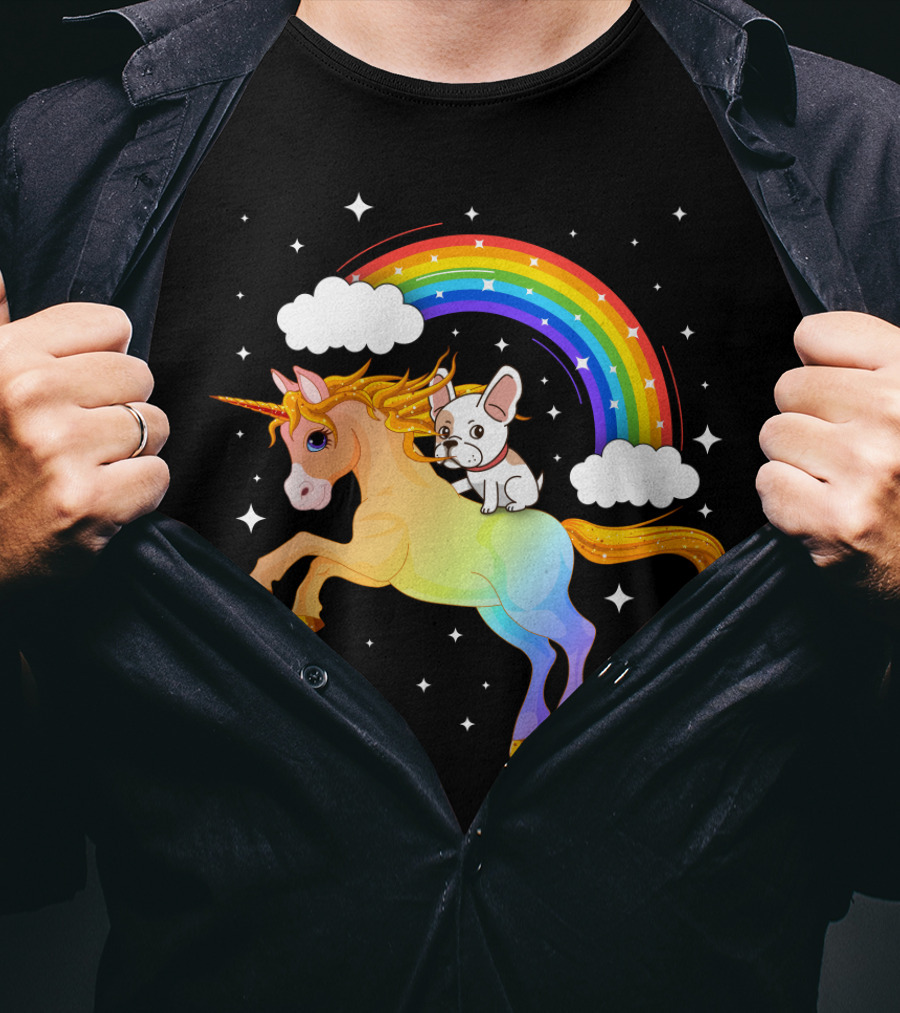 French Bulldog Riding Rainbow Unicorn With Stars And Clouds T-Shirt