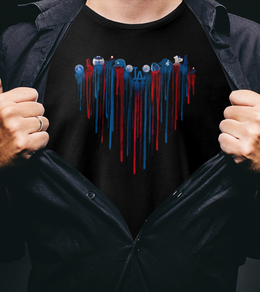 Dodgers Heart Baseball Symbols Blue Red Drips T-Shirt