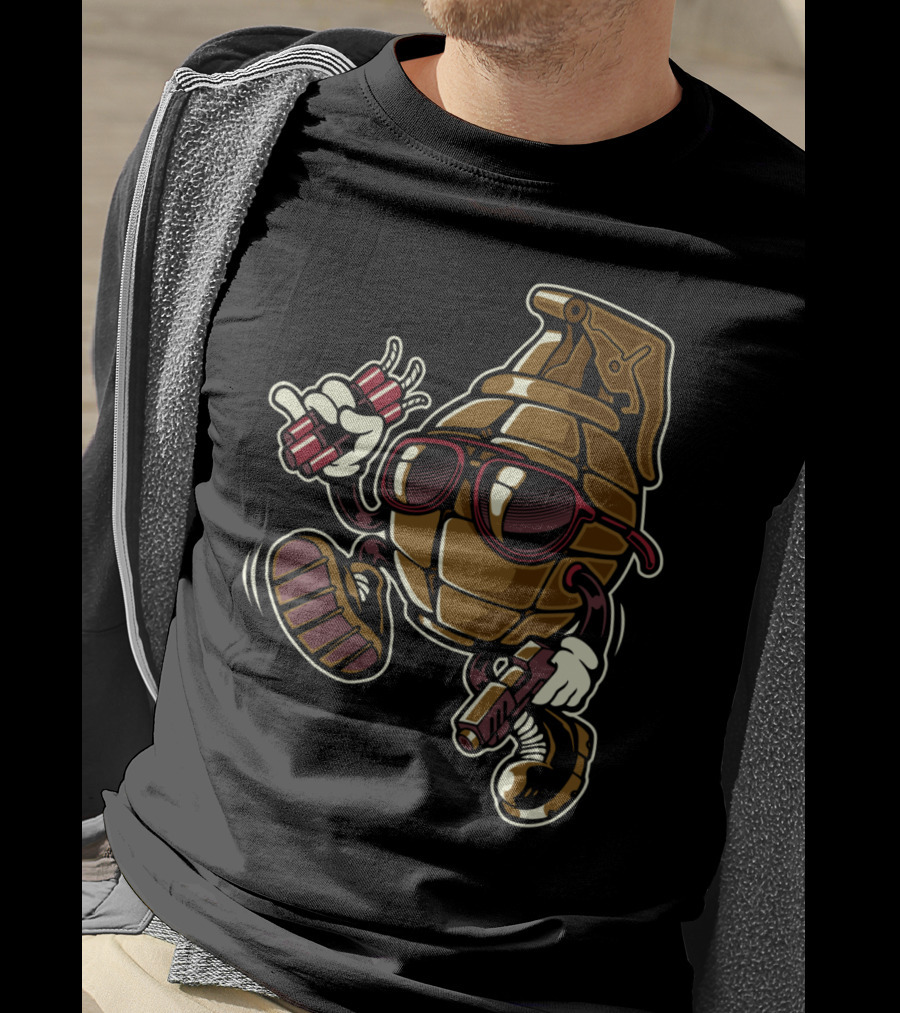 Grenade Sunglasses Walking Character With Dynamite And Gun T-Shirt
