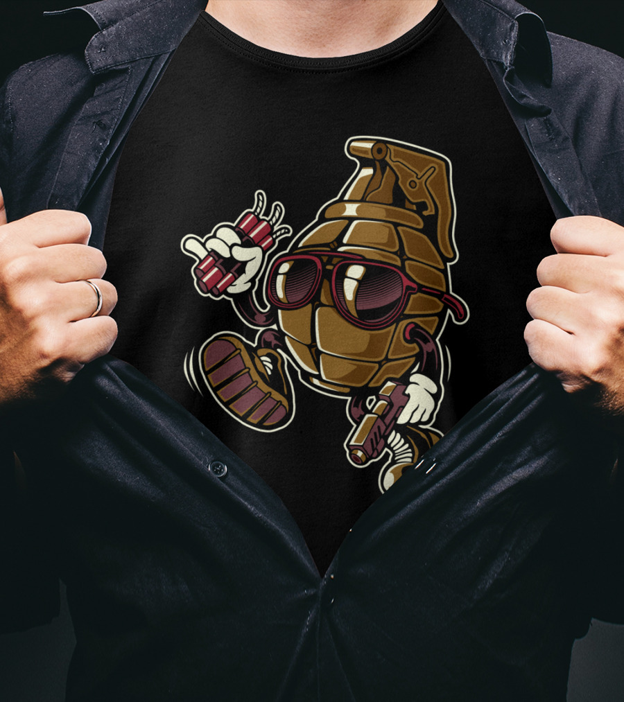Grenade Sunglasses Walking Character With Dynamite And Gun T-Shirt