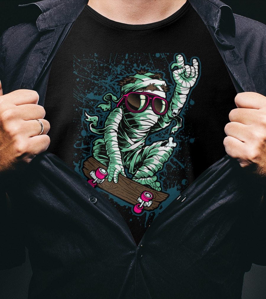Return Mummy Skateboarding With Sunglasses Rock Hand Gesture T-Shirt