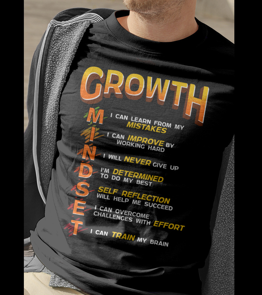 Growth Mindset Teacher Classroom Brain Motivation Mistakes Improve Never Determined Self Reflection Effort Train T-Shirt