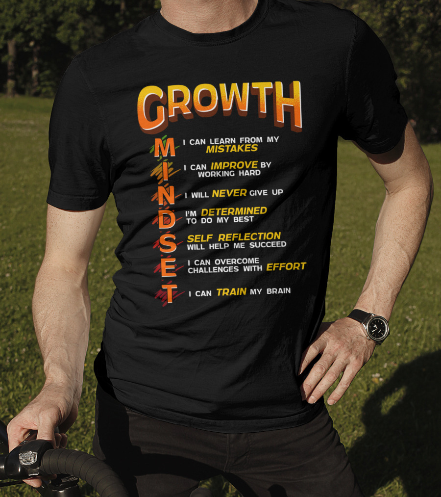 Growth Mindset Teacher Classroom Brain Motivation Mistakes Improve Never Determined Self Reflection Effort Train T-Shirt