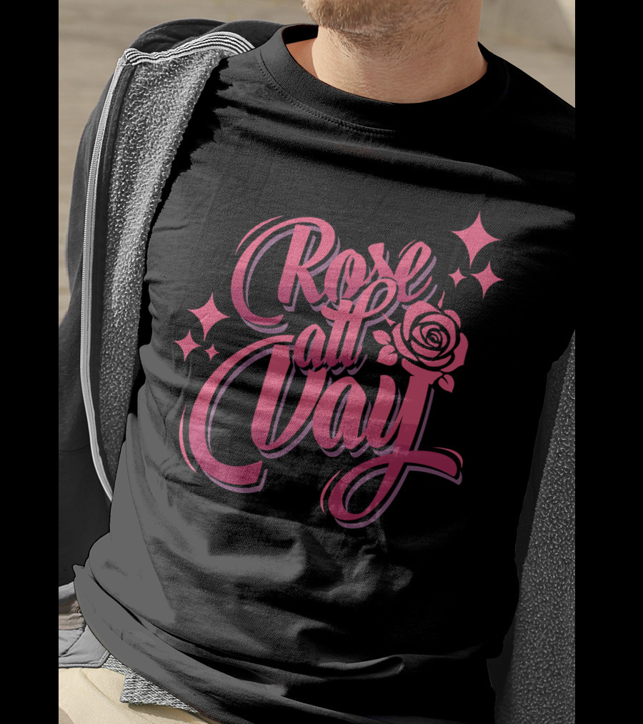 Rose All Day With Stylized Pink Rose And Stars T-Shirt
