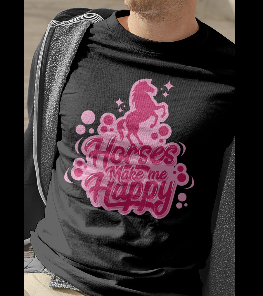 Horses Make Me Happy Pink Horse Silhouette With Stars And Circles T-Shirt