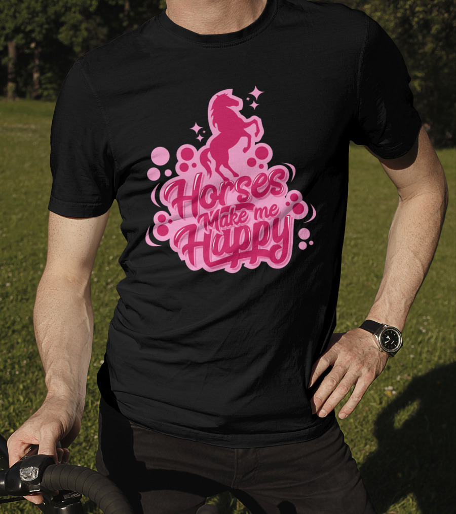 Horses Make Me Happy Pink Horse Silhouette With Stars And Circles T-Shirt