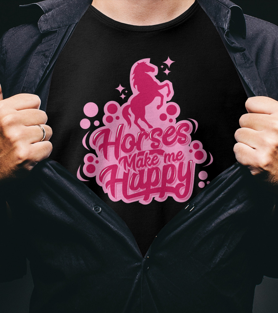 Horses Make Me Happy Pink Horse Silhouette With Stars And Circles T-Shirt