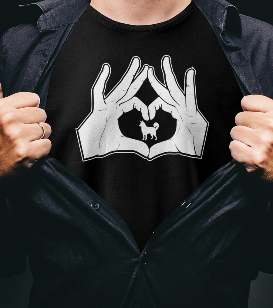 Alaskan Clover Kai Hands Heart Sign Dog Inside Hand Heart Gesture T-Shirt