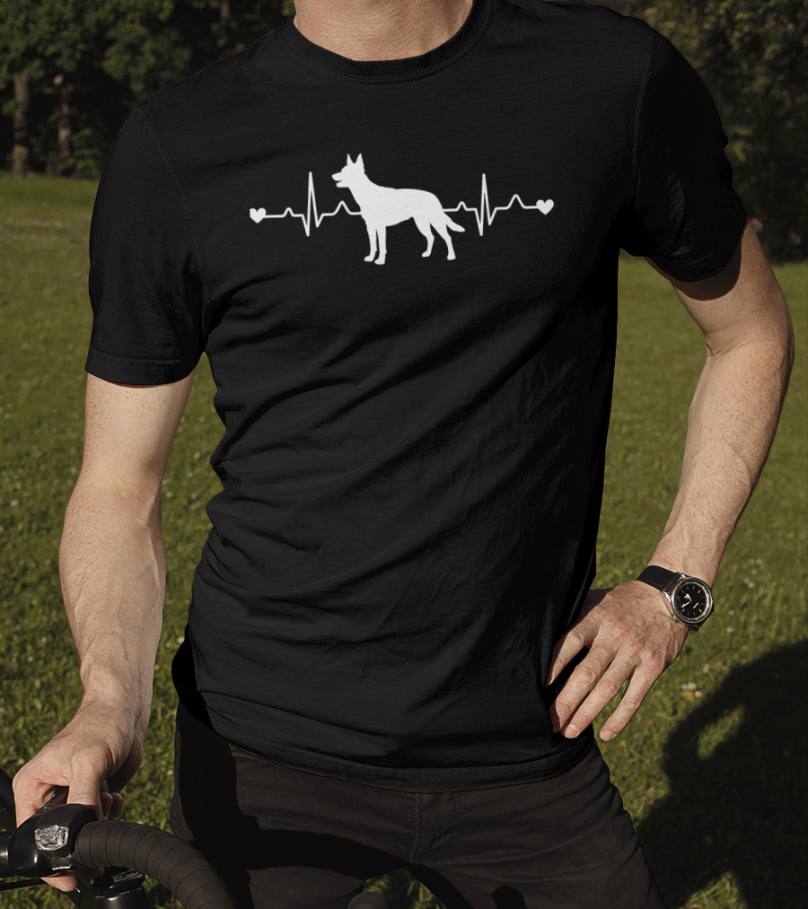 Australian Kelpie Silhouette With Heartbeat Pulse ECG And Love Hearts T-Shirt