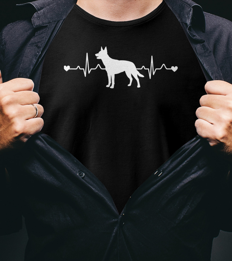 Australian Kelpie Silhouette With Heartbeat Pulse ECG And Love Hearts T-Shirt
