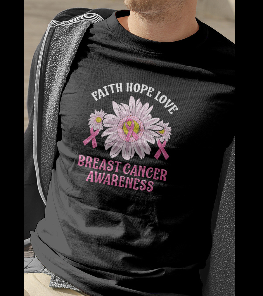 Faith Hope Love Breast Cancer Awareness Pink Ribbon Flower T-Shirt