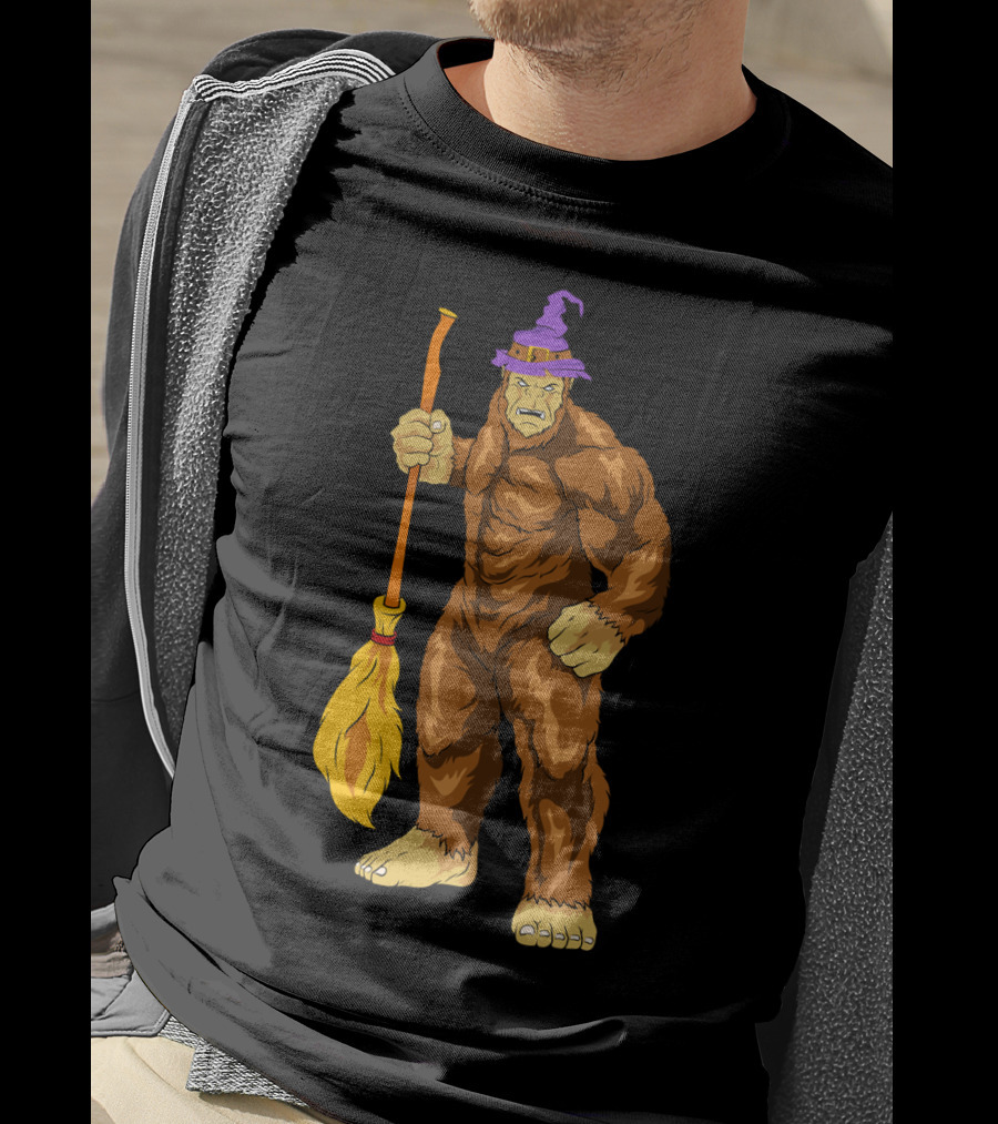 Bigfoot Witch Sasquatch With Broomstick Halloween Wizard Hat T-Shirt