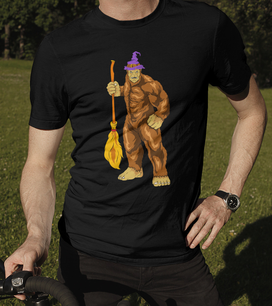 Bigfoot Witch Sasquatch With Broomstick Halloween Wizard Hat T-Shirt
