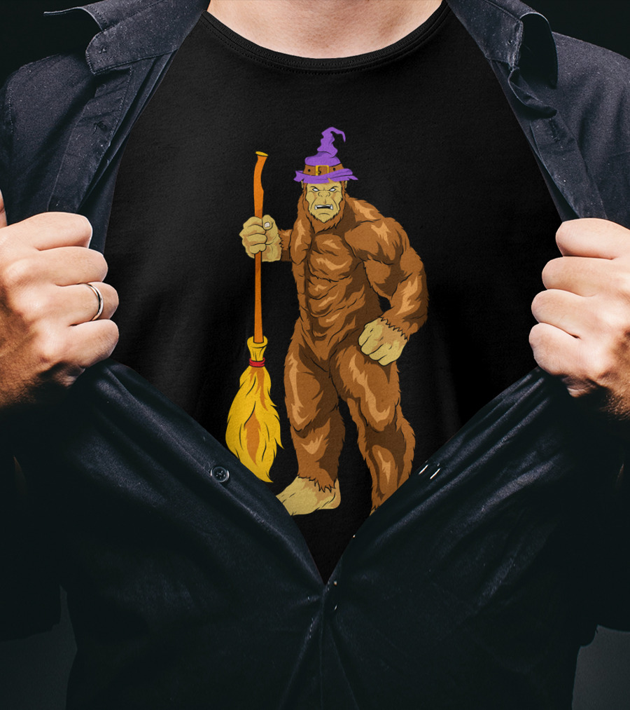 Bigfoot Witch Sasquatch With Broomstick Halloween Wizard Hat T-Shirt