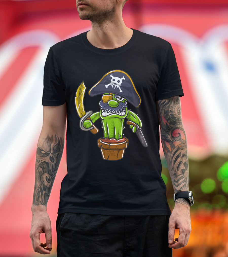 Cactus Pirate Jolly Roger Skull Spooky Pot Sword Eyepatch T-Shirt