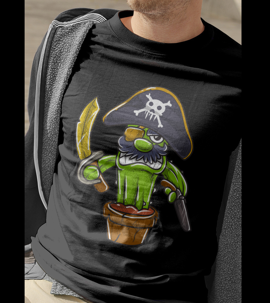 Cactus Pirate Jolly Roger Skull Spooky Pot Sword Eyepatch T-Shirt