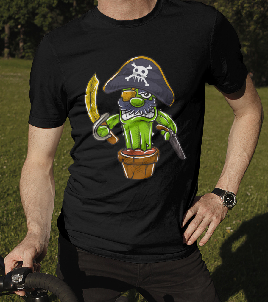 Cactus Pirate Jolly Roger Skull Spooky Pot Sword Eyepatch T-Shirt