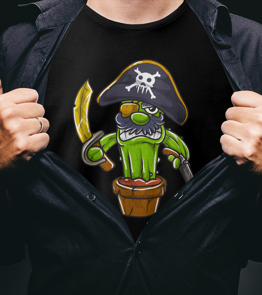 Cactus Pirate Jolly Roger Skull Spooky Pot Sword Eyepatch T-Shirt