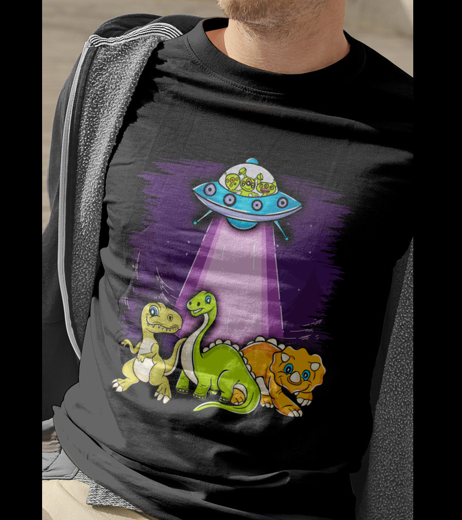 Dinosaur Alien Abduction Dinosaur Extinction Conspiracy UFO Cartoon T-Shirt